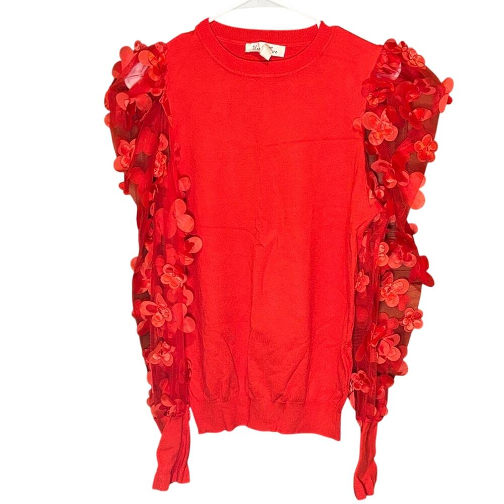 Vine & Love Red Floral Applique Sheer Sleeve Sweater Top Romantic M